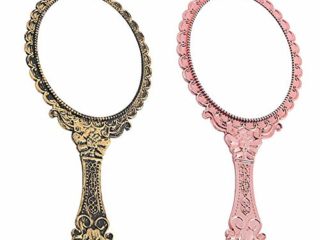2 Piezas Espejo de Maquillaje con Mango de Patrón Retro,Mini Espejo de Mano de Una Cara,Espejo Ovalado Vintage,Espejo de Maquillaje con Espejo de Mano,Herramienta de Belleza(Bronce, Oro Rosa)