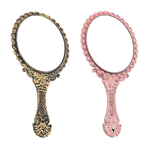2 Piezas Espejo de Maquillaje con Mango de Patrón Retro,Mini Espejo de Mano de Una Cara,Espejo Ovalado Vintage,Espejo de Maquillaje con Espejo de Mano,Herramienta de Belleza(Bronce, Oro Rosa)