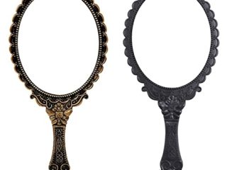 2 Piezas Espejos de Mano Vintage, Espejos con Mango, Espejos de Mano Portátil, Espejo de Maquillaje de Retro, Mini Espejo de Mano de Una Cara para Damas y Niñas (Negro, Bronce)