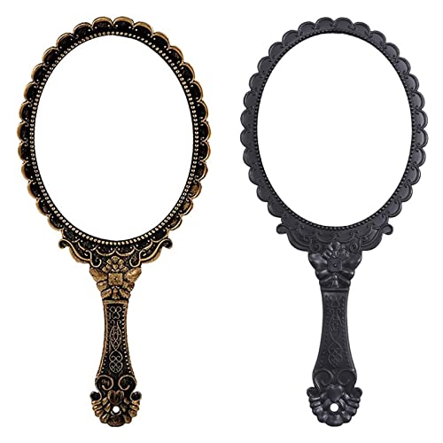 2 Piezas Espejos de Mano Vintage, Espejos con Mango, Espejos de Mano Portátil, Espejo de Maquillaje de Retro, Mini Espejo de Mano de Una Cara para Damas y Niñas (Negro, Bronce)
