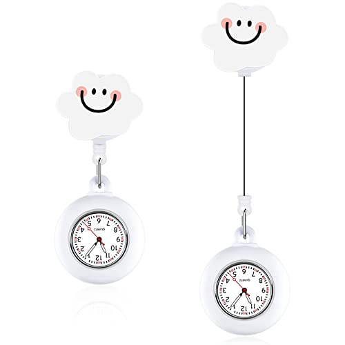 2 Relojes de Enfermera Linda Reloj de Bolsillo de Colgante para Enfermera Reloj Retráctil Portátil con Clip Regalo de Reloj de Bolsillo (Blanco, Estilo de Nube)