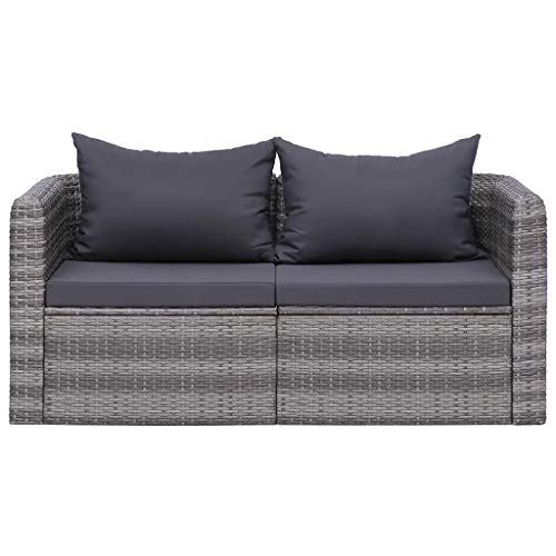 2 sofás esquineros de jardín, sofá de exterior de 2 plazas, con 2 cojines de asiento y 2 cojines para el respaldo, de polirratán, color gris