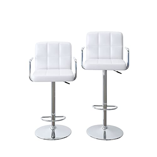 2 Taburetes de Bar, Taburetes de Cocina, Sillas Altas de Bar, Taburetes Alto de Cocina, Altura Ajustable, Giratorio de 360°, PU, Blanco, 52x39x(93-114) cm