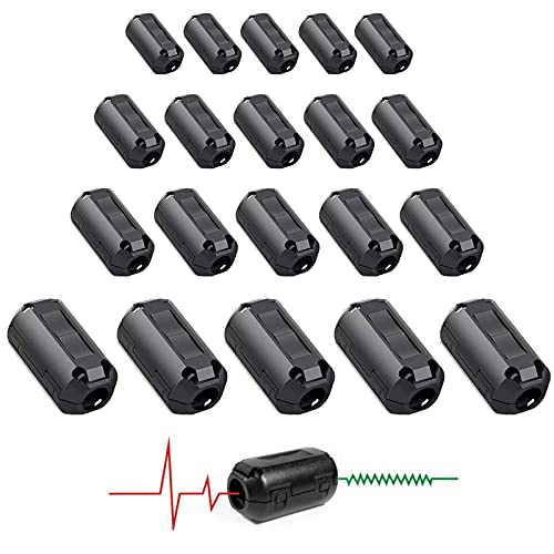 20 Piezas Ferrita, Núcleo Magnético de Anillo de Ferrita 3,5 mm 5 mm 7 mm 9 mm, Núcleos de Ferrita Núcleo de Anillo de Ferrita con Clip, Clip de Cable Supresor de Ruido con Clip, Negro