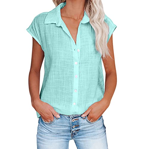 2022 Camisa Manga Corta Mujer, Verano Moda algodón y lino Elegante Blusa camisa Cuello en V color sólido Camiseta Suelto Tops Casual fiesta T-Shirt original suave cómodo tee