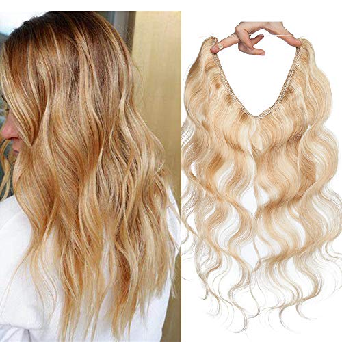 20"(50cm) SEGO Extensiones Rizadas de Pelo Natural con Hilo Invisible sin Clip [#18/613 Rubio Ceniza/Blanqueador Rubio] Cabello Humano 100% Remy Ajustable (70g)