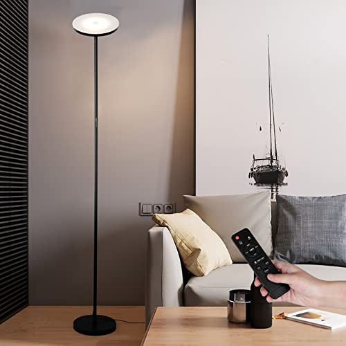 24W Lámpara de pie LED - Lámpara de pie Regulable con Temperatura de Color Continuamente Ajustables [3000K-6500K], Control Remoto, Temporizador, Lámpara de Pie Táctil Moderna para Salón Oficina, Negro