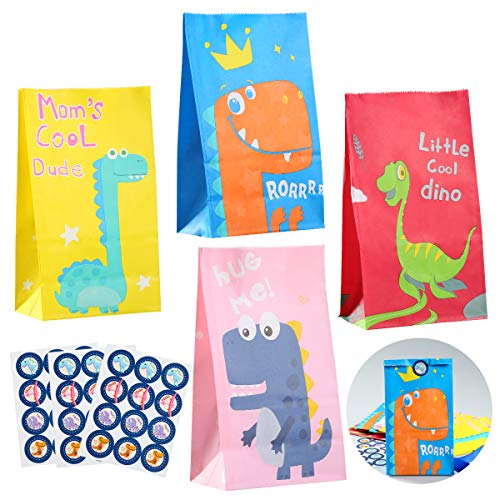 28Pcs Bolsa de Dulces de Dinosaurios ZITFRI Bolsa de Papel Bolsa de Regalo Cumpleaños con 48 Pegatinas Bolsas de Candy Papel Estilos Variable Regalo Bolsas para Niños Suministros Fiestas Navidad etc