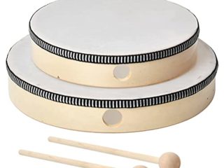 2pcs Pandereta Madera,Mano de Pandereta con Mazo Baquetas,Pandereta de Mano de Madera,Tambor de Mano,Tambor Pandereta,Tambor Mano Madera Una Hilera para Acompañamiento de Niños, Danza y Canciones