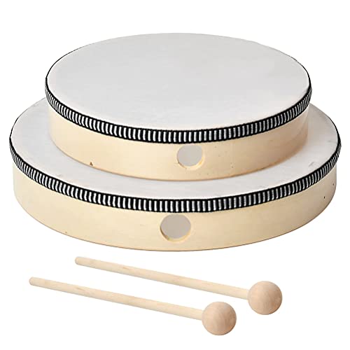 2pcs Pandereta Madera,Mano de Pandereta con Mazo Baquetas,Pandereta de Mano de Madera,Tambor de Mano,Tambor Pandereta,Tambor Mano Madera Una Hilera para Acompañamiento de Niños, Danza y Canciones