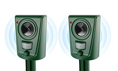 2X Ahuyentador de Animales por ultrasonido, Funciona con Pilas, con estaca, eficaz para ahuyentar Animales Salvajes, Animales pequeños, pájaros, Perros, Gatos y martas