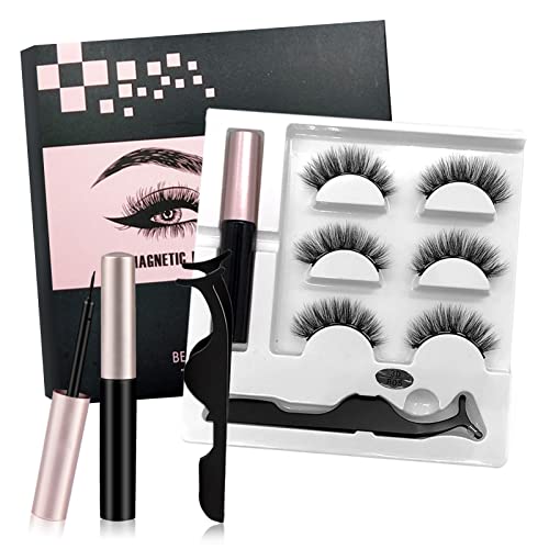3 pares de pestañas postizas 3D Faux Mink Lashes Aspecto natural Wispy pestañas postizas, delineador de ojos magnético para juego de pestañas magnéticas, con pestañas reutilizables