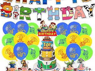 32 PCS Niños Decoración Cumpleaños, Toy Story Artículos Fiestas Set Happy Birthday Banner Tartas Adornos Látex Globos Adecuado para Decoración Fiestas Toy Story Temáticas