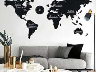 3D Mapa Mundi Pared Grande，Mapa Del Mundo Para Pared ,Decoración De Pared De Mapa Del,Mapas Del Mundo Para La Pared,Viene Con Un Reloj De Pared Cuarto Sala Oficina M(130 * 66Cm) negro