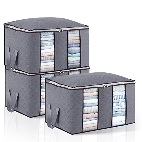 3pcs Cajas Almacenaje Ropa 90L 60x43x35cm, Bolsas Almacenaje de Gran Capacidad con Asa Reforzada y Compartimiento para Edredones, Mantas, Organizador Armario Plegable Gris