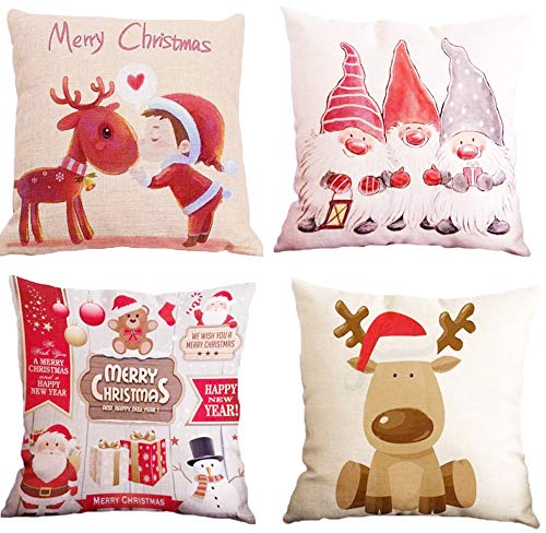 4 Piezas Fundas Navideñas para Cojines,Navidad Reno,Funda de Cojín,Fundas Navideñas (D1)