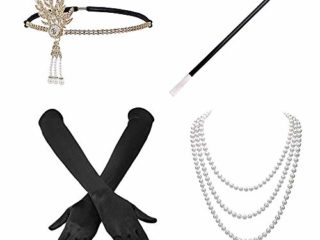 4 Piezas Juego de Accesorios Cabeza Vintage Guantes Largos de satén Collar de Perlas Soporte Largo para Mujer 1920s Charleston Gatsby Retro Disfraz (Negro)
