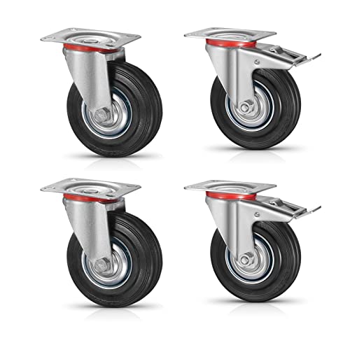 4 Ruedas para Muebles, 125 MM, 2 con Freno y 2 sin Freno, Carga hasta 400 Kg, Ruedas de Transporte, Ruedas Giratorias en 360°, sin Ruido