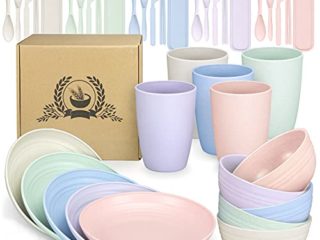 40 Piezas Juego de Vajilla, Vajillas Combinadas Set, Contiene Plato, Cuenco, Cuchara, Taza, Juego de Cubiertos, Muy Adecuado Para de Adultos, Servicio de Cena, Vajilla de Camping (Color)