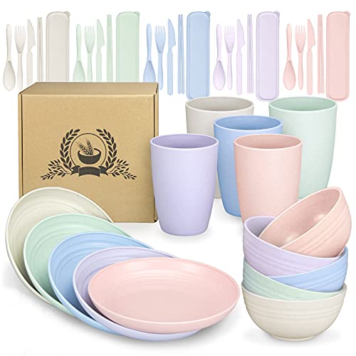 40 Piezas Juego de Vajilla, Vajillas Combinadas Set, Contiene Plato, Cuenco, Cuchara, Taza, Juego de Cubiertos, Muy Adecuado Para de Adultos, Servicio de Cena, Vajilla de Camping (Color)