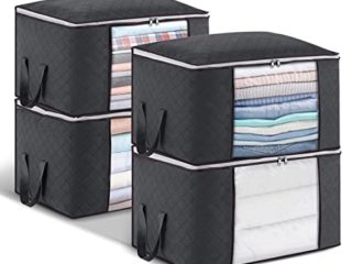 4pcs Cajas Almacenaje 60x43x35cm, Bolsas Almacenaje Ropa de Gran Capacidad con Asa Reforzada y Tela Respirable para Edredones, Mantas, Organizador Armario Plegable Negro