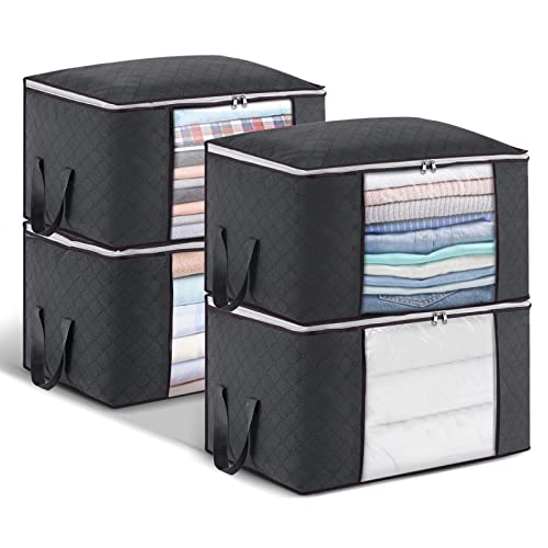 4pcs Cajas Almacenaje 60x43x35cm, Bolsas Almacenaje Ropa de Gran Capacidad con Asa Reforzada y Tela Respirable para Edredones, Mantas, Organizador Armario Plegable Negro