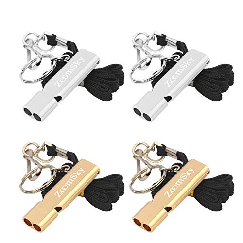 4pcs silbato metal de emergencia de sonido potente ZoomSky silbato oro y plata de árbitro de entrenadores con 4 cordón de muñeca para supervivencia de niño, motaña, deporte, fútbol arbitro, entrenador