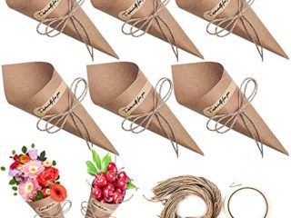 50 Piezas Cono Papel Kraft Boda, Cono Papel Kraft Boda Retro, Con 50 Papel Kraft, 50 Cuerda de Cáñamo, 50 Etiqueta Autoadhesiva, 1 Cinta de Dos Lados, para Bodas, Navidad, Envases de Regalo
