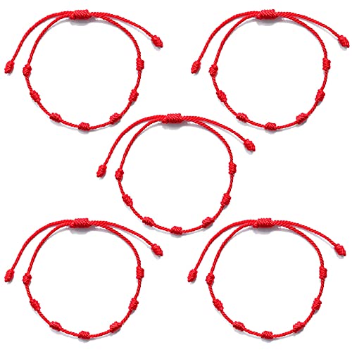 5x Pulsera Roja de Cordón 7 Nudos de la Suerte y Protección. Pulsera Hilo Rojo de Pareja y Kabbalah.