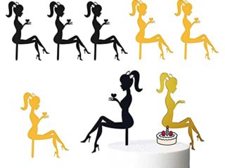 6 piezas Cumpleaños Pastel de silueta de acrílic,decoración para tartas de mujer de tacón alto, acrílico,diseño de zapato de tacón alto con chica y chica,decoración dorada, negro
