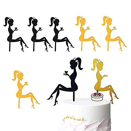 6 piezas Cumpleaños Pastel de silueta de acrílic,decoración para tartas de mujer de tacón alto, acrílico,diseño de zapato de tacón alto con chica y chica,decoración dorada, negro