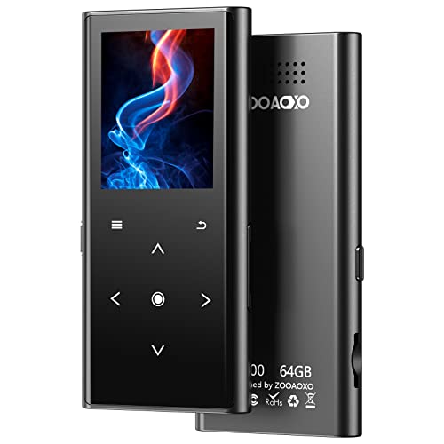 64GB Reproductor MP3, ZOOAOXO Reproductor de Música con Bluetooth 5.2, Altavoz HD Incorporado, Radio FM, Grabadora de Voz, Diseño Mini, Sonido de HiFi, Ideal para Deportes, Auriculares Incluidos