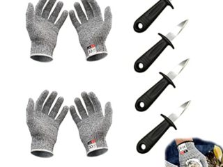 8 Piezas Abridor Ostras Kit,Oyster Knife(4 Pcs)+Guante de Ostra(2 Pares),Guantes Resistentes a Cortes de Nivel 5,Herramientas Marisco para Vieiras,Almejas,Mejillones y Otros Mariscos