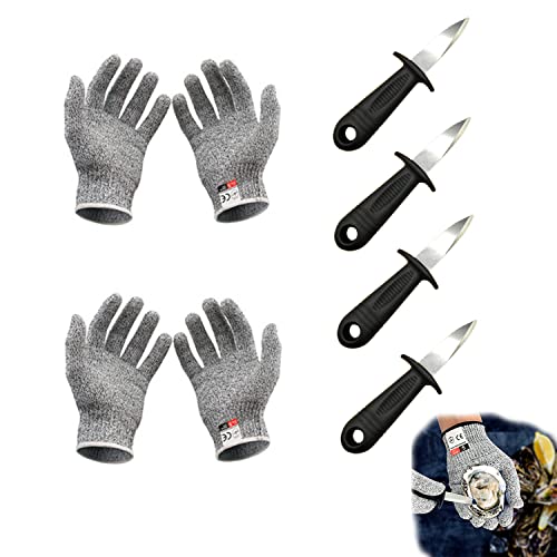 8 Piezas Abridor Ostras Kit,Oyster Knife(4 Pcs)+Guante de Ostra(2 Pares),Guantes Resistentes a Cortes de Nivel 5,Herramientas Marisco para Vieiras,Almejas,Mejillones y Otros Mariscos