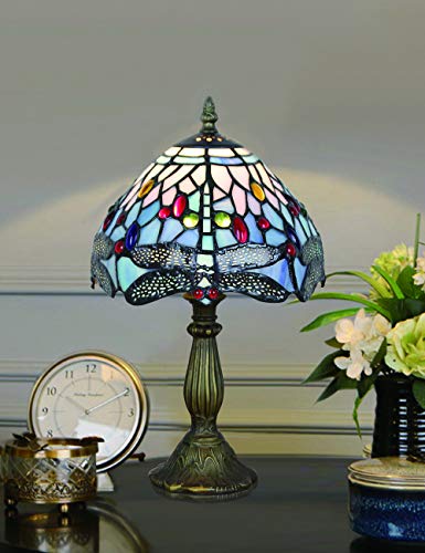 8 Pulgadas Azul Abalorio Libélula Estilo Pastoral Antiguo Lujo Hecho a mano Lámpara de mesa de cristal Mesita de noche Habitación Luz para niños