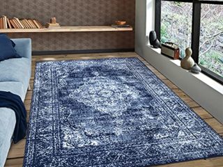 A2Z Rug |Alfombra Cocina Diseno Moderno Azul Santorini Adornos Estampado Flores| Azul Obscuro Blanco| tamaño: 80x150 CM|Alfombra Pelo Corto Persa|Habitacion Conservatorio Hogar Sala de Estar Oficina