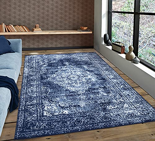 A2Z Rug |Alfombra Cocina Diseno Moderno Azul Santorini Adornos Estampado Flores| Azul Obscuro Blanco| tamaño: 80x150 CM|Alfombra Pelo Corto Persa|Habitacion Conservatorio Hogar Sala de Estar Oficina