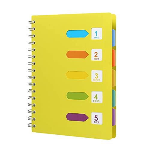 A5 Cuaderno de Espiral,Bloc de Notas con Papel Lineado Etiqueta de Colores,Notebook con 5 separadores para Escuela Oficina o Hogar 120 Hojas 14,5 x 21,5CM (Amarillo)