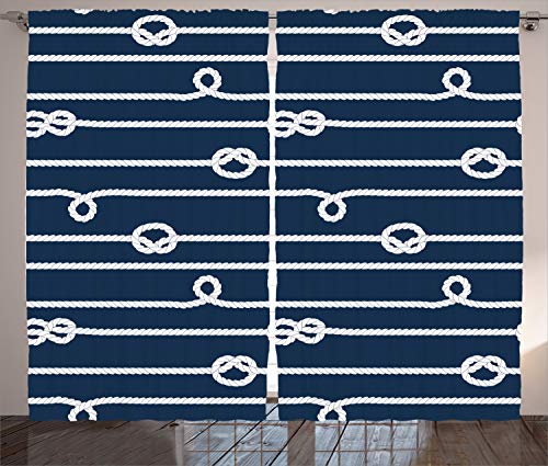 ABAKUHAUS Azul Marino Cortinas, Marinero Nudos Marineros, Sala de Estar Dormitorio Cortinas Ventana Set de Dos Paños, 280 x 175 cm, Azul y Blanco