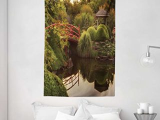 ABAKUHAUS Japonés Tapiz de Pared y Cubrecama Suave, Jardín Tranquilo Atardecer Reflejos en el Agua Puente Rojo Estanque Crepúsculo, Decoración para el Cuarto, 140 x 230 cm, Verde