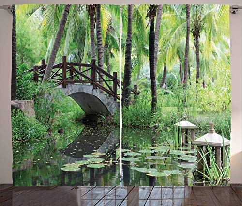 ABAKUHAUS Jardín de la Paz Cortinas, Park en el Sur de China, Sala de Estar Dormitorio Cortinas Ventana Set de Dos Paños, 280 x 245 cm, Verde Gris Marrón