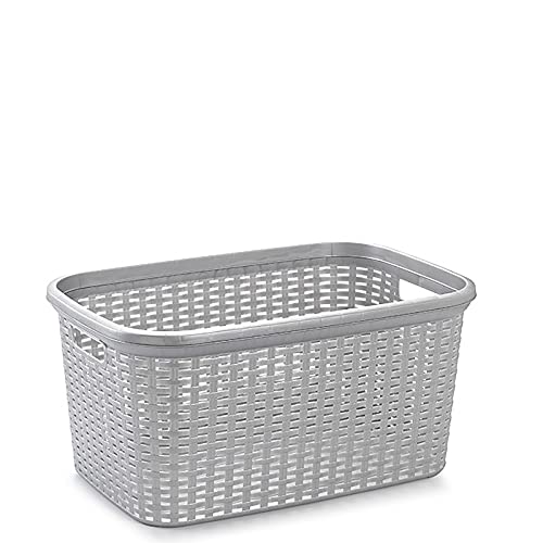 Acan Tradineur- colada rectangular estilo mimbre, Pongo todo de plástico ,Cesta para ropa , Disponible 4 colores Para elegir que te más preferida53,5 x 36 x 26,5 cm (Plata)
