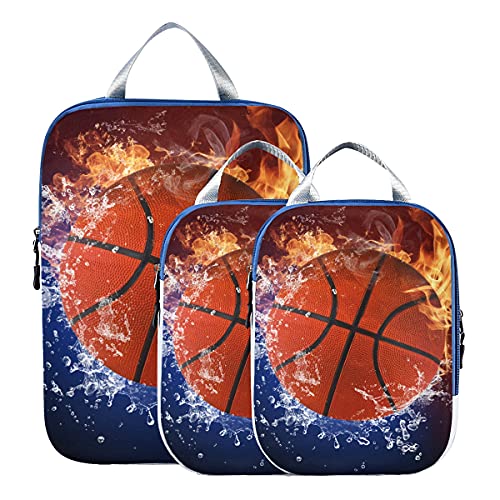 Accesorios de viaje Pelota de baloncesto en el fuego y el agua Cubos de embalaje comprimibles Cubos de embalaje expandibles Juego de viaje para equipaje de mano, viaje (juego de 3)