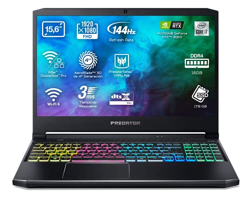 Acer Predator Helios 300 PH315-53 - Ordenador Portátil Gaming 15.6" Full HD 144 Hz, Gaming Laptop (Intel Core i7-10750H, 16B RAM, 1TB SSD, NVIDIA GeForce RTX 3060, Sin SO), PC Portátil Negro - QWERTY