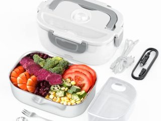 [Actualizado 2022] Fiambrera Eléctrica 2 en 1 - KIATA Calentador de comida portátil de acero inoxidable de grado alimenticio 304 para el coche, camión, casa - A prueba de fugas, tenedor y cuchara