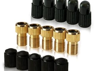 Adaptador de latón para válvula Presta (Paquete de 5 + 10 Tapas ) - Convierte Presta a Schrader para Bicicletas, e-bicis, y e-Scooters - Infla el neumático usando una Bomba estándar por Mobi Lock