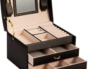 ADEL DREAM - Joyero con cerradura, 3 niveles con 2 cajones, con espejo, para anillos, pendientes, collares y pulseras, elegante y clásico (negro)
