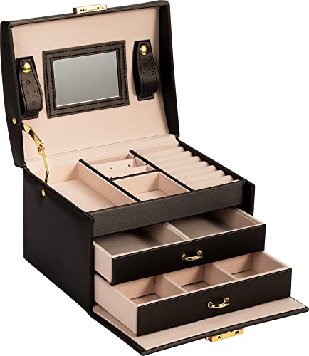 ADEL DREAM - Joyero con cerradura, 3 niveles con 2 cajones, con espejo, para anillos, pendientes, collares y pulseras, elegante y clásico (negro)