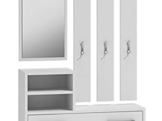 ADGO Juego de muebles de pasillo, armario, espejo y percha y zapatero, 6 perchas para ropa y abrigos, armario de pasillos, armario compacto para la entrada (color blanco)