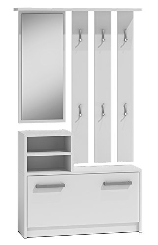 ADGO Juego de muebles de pasillo, armario, espejo y percha y zapatero, 6 perchas para ropa y abrigos, armario de pasillos, armario compacto para la entrada (color blanco)